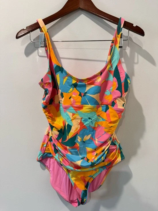 Anne Cole Pink Floral One Piece with Aqua & Yellow Accents Size 1 - Picture 3 of 5